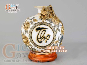 Bình hút tài lộc Phúc Lộc Thọ Rồng đắp nổi vẽ vàng 24k, nền trắng - cao 40cm