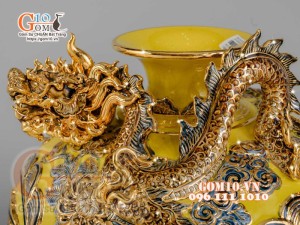 Bình hút tài lộc Phúc Lộc Thọ Rồng đắp nổi vẽ vàng 24k, nền vàng - cao 40cm