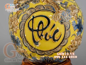 Bình hút tài lộc Phúc Lộc Thọ Rồng đắp nổi vẽ vàng 24k, nền vàng - cao 40cm