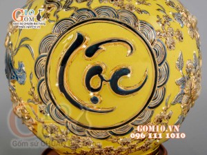 Bình hút tài lộc Phúc Lộc Thọ Rồng đắp nổi vẽ vàng 24k, nền vàng - cao 40cm