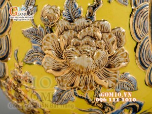 Bình hút tài lộc Phúc Lộc Thọ Rồng đắp nổi vẽ vàng 24k, nền vàng - cao 40cm