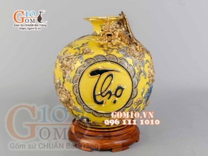 Bình hút tài lộc Phúc Lộc Thọ Rồng đắp nổi vẽ vàng 24k, nền vàng - cao 40cm