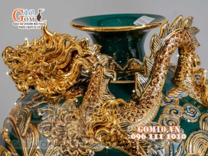 Bình hút tài lộc Phúc Lộc Thọ Rồng đắp nổi vẽ vàng 24k, nền xanh lục bảo - cao 40cm