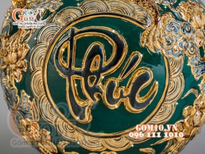 Bình hút tài lộc Phúc Lộc Thọ Rồng đắp nổi vẽ vàng 24k, nền xanh lục bảo - cao 40cm