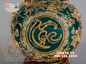 Bình hút tài lộc Phúc Lộc Thọ Rồng đắp nổi vẽ vàng 24k, nền xanh lục bảo - cao 40cm