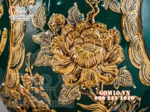 Bình hút tài lộc Phúc Lộc Thọ Rồng đắp nổi vẽ vàng 24k, nền xanh lục bảo - cao 40cm