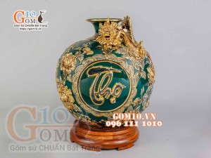 Bình hút tài lộc Phúc Lộc Thọ Rồng đắp nổi vẽ vàng 24k, nền xanh lục bảo - cao 40cm
