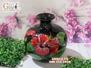 Bình hút tài lộc sơn mài 3D  vẽ hoa dâm bụt 23cm