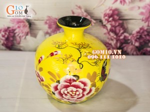 Bình hút tài lộc sơn mài vàng vẽ sen 32cm