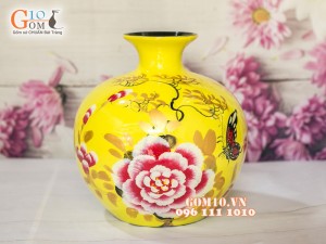 Bình hút tài lộc sơn mài vàng vẽ phù dung 25cm