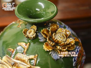 Bình hút tài lộc Thuận Buồm Xuôi Gió đắp nổi, nền xanh lục bảo, cao 28cm