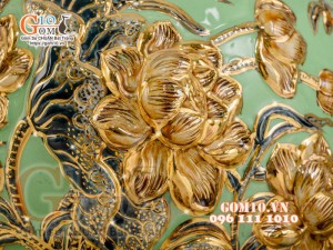 Bình hút tài lộc Thuận Buồm Xuôi Gió đắp nổi vẽ vàng 24k, nền xanh ngọc - cao 40cm