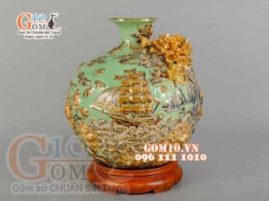 Bình hút tài lộc Thuận Buồm Xuôi Gió đắp nổi vẽ vàng 24k, nền xanh ngọc - cao 40cm
