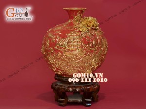 Bình hút tài lộc men màu đỏ đắp nổi vẽ vàng 24k, cảnh Thuận Buồm Xuôi Gió, cao 40cm