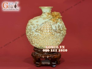 Bình hút tài lộc men màu xanh ngọc đắp nổi vẽ vàng 24k, cảnh Thuận Buồm Xuôi Gió, cao 40cm