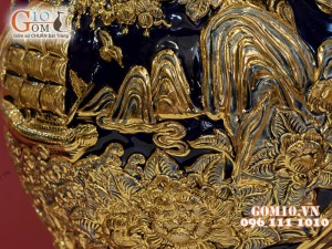 Bình hút tài lộc men màu xanh coban đắp nổi vẽ vàng 24k, cảnh Thuận Buồm Xuôi Gió, cao 40cm