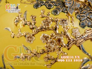 Bình hút tài lộc Tùng Hạc Diên Niên đắp nổi vẽ vàng 24k, nền vàng - cao 40cm