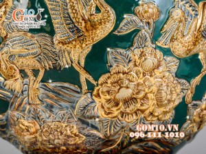 Bình hút tài lộc Tùng Hạc Diên Niên đắp nổi vẽ vàng 24k, nền xanh lục bảo - cao 40cm