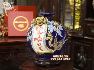 Bình hút tài lộc Vạn Sự Như Ý đắp nổi, nền xanh coban, cao 28cm