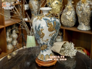 Mai bình men rạn đắp nổi Công Đào Phú Quý kênh, cao 50cm