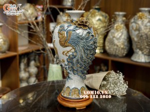 Mai bình men rạn đắp nổi Công Đào Phú Quý kênh, cao 50cm