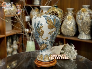 Mai bình men rạn đắp nổi Công Đào Phú Quý kênh, cao 50cm