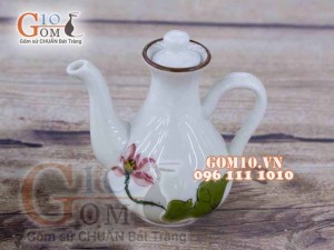 Bình mắm men kem họa tiết Sen đỏ