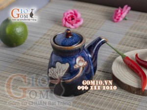 Bình mắm thấp men xanh đá khắc sen