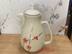 Bình nước men kem vẽ hoa đào đỏ, 1.5L