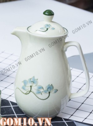 Bình nước men kem vẽ Sen xanh, dung tích 1,5L