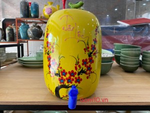 Bình nước men màu Tài Lộc vẽ hoa đào vòi nhựa, 7L