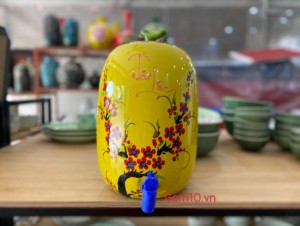 Bình nước men màu Tài Lộc vẽ hoa đào vòi nhựa, 7L