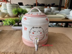 Bình nước men trắng vẽ Mèo Ú chỉ hồng 2,5 Lít