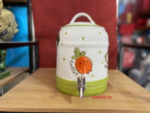 Bình nước men trắng vẽ rau củ quả, dung tích 4L vòi nhựa 