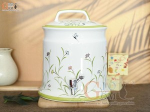 Bình nước vòi nhựa men trắng vẽ hoa, dung tích 10l