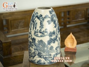 Bình phong thủy dáng chuông men rạn cổ vẽ Tùng Chùa, 49cm (hàng kĩ)