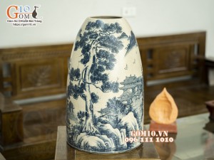 Bình phong thủy dáng chuông men rạn cổ vẽ Tùng Chùa, 49cm (hàng kĩ)