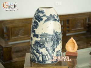 Bình phong thủy dáng chuông men rạn cổ vẽ Tùng Chùa, 49cm (hàng kĩ)