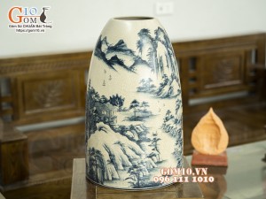 Bình phong thủy dáng chuông men rạn cổ vẽ Tùng Chùa, 49cm (hàng kĩ)