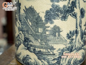 Bình phong thủy dáng chuông men rạn cổ vẽ Tùng Chùa, 49cm (hàng kĩ)