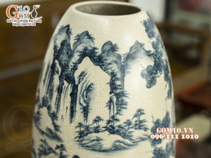 Bình phong thủy dáng chuông men rạn cổ vẽ Tùng Chùa, 49cm (hàng kĩ)