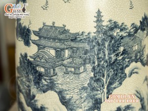Bình phong thủy dáng chuông men rạn cổ vẽ Tùng Chùa, 49cm (hàng kĩ)