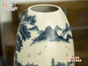 Bình phong thủy dáng chuông men rạn cổ vẽ Tùng Chùa, 49cm (hàng kĩ)