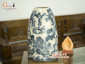 Bình phong thủy dáng chuông men rạn cổ vẽ Tùng Chùa, 49cm (hàng kĩ)