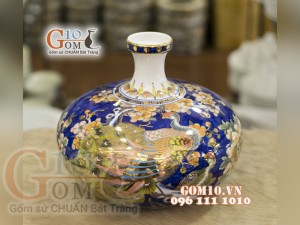 Bình tài lộc mini vẽ Vàng cao cấp họa tiết Công Đào Phú Quý, vuốt tay, cao 23cm