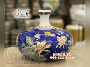 Bình tài lộc mini vẽ Vàng cao cấp họa tiết Công Đào Phú Quý, vuốt tay, cao 23cm