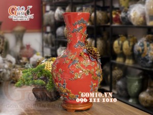 Bình tỏi cổ cao đắp nổi Chim hoa, nền đỏ, cao 56cm