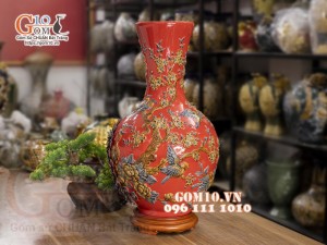 Bình tỏi cổ cao đắp nổi Chim hoa, nền đỏ, cao 56cm