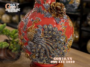 Bình tỏi cổ cao đắp nổi Chim hoa, nền đỏ, cao 56cm