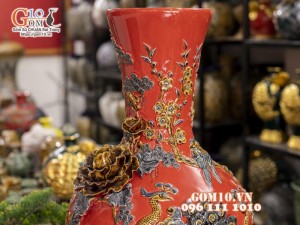 Bình tỏi cổ cao đắp nổi Chim hoa, nền đỏ, cao 56cm